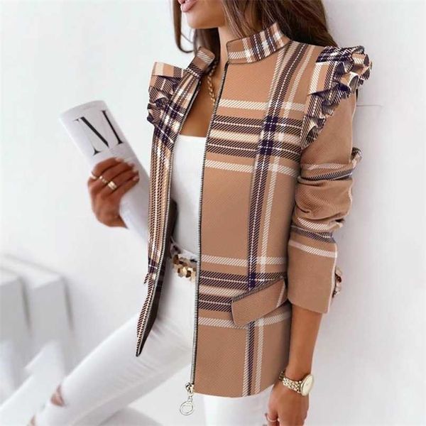 fashion autumn long-sleeved ruffle women suit coat casual stand collar printed plaid zipper straight slim small woman 211025, Black;brown
fashion autumn long-sleeved ruffle women suit coat casual stand collar printed plaid zipper straight slim small woman 211025, Black;brown