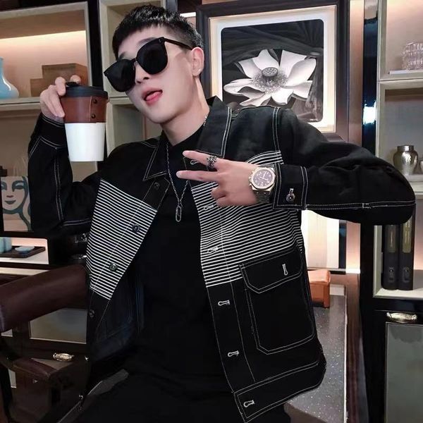 men's jackets the handsome coat male spring and autumn period han edition of fashion logo stripe denim jacket wi, Black;brown
men's jackets the handsome coat male spring and autumn period han edition of fashion logo stripe denim jacket wi, Black;brown