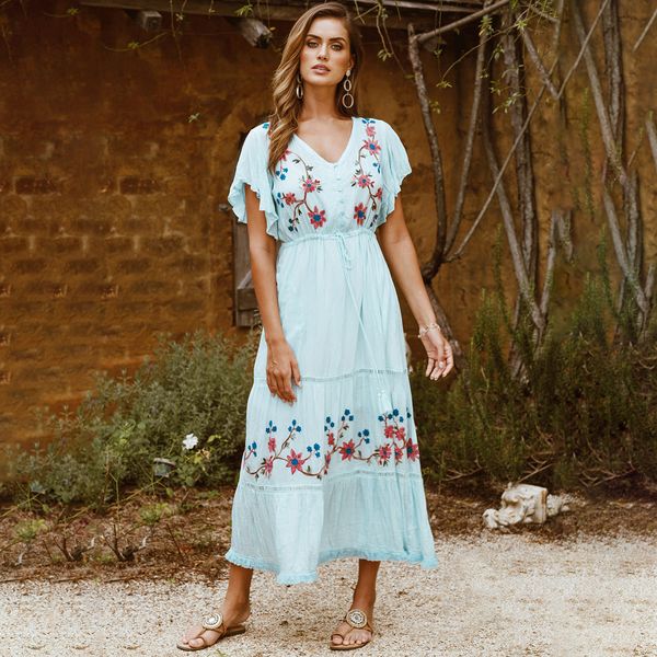 2021 new boho floral embroidery maxi dress v neck ruffle sleeve vintage female vestido summer hippie beach long women dresses v10r, Black;gray
2021 new boho floral embroidery maxi dress v neck ruffle sleeve vintage female vestido summer hippie beach long women dresses v10r, Black;gray