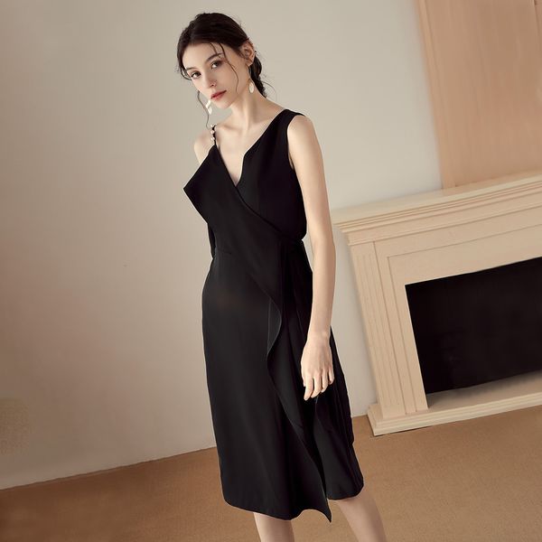 2021 new black women elegant french v-neck irregular hem pearl strap vintage es for evening party kee2, Black;gray
2021 new black women elegant french v-neck irregular hem pearl strap vintage es for evening party kee2, Black;gray
