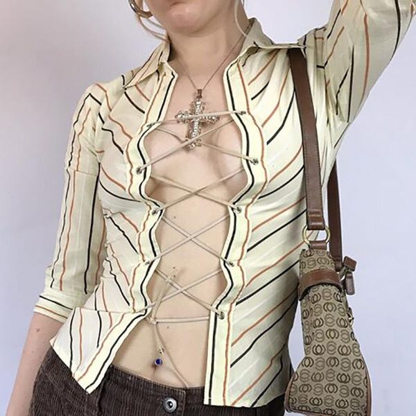 women's t-shirt 90s aesthetics striped printing tie up y2k fashion turn-down collar long sleeve shirts vintage bandage t-shirts sexy, White
women's t-shirt 90s aesthetics striped printing tie up y2k fashion turn-down collar long sleeve shirts vintage bandage t-shirts sexy, White