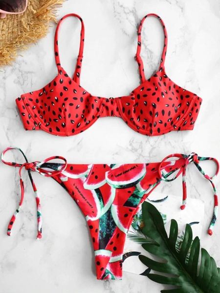 women's swimwear underwire bikini watermelon print swimsuit string push up lace tie side women bathing suit, White;black
women's swimwear underwire bikini watermelon print swimsuit string push up lace tie side women bathing suit, White;black