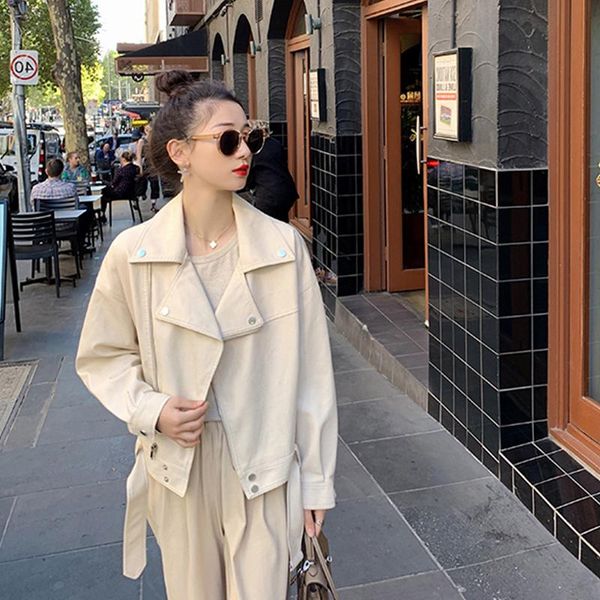 new women pu leather motorcycle short jacket casual loose bf style jacket with belt turn-down collar zipper solid coat, Black
new women pu leather motorcycle short jacket casual loose bf style jacket with belt turn-down collar zipper solid coat, Black