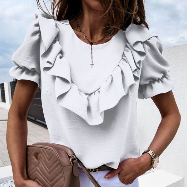 2021 new leisure summer short sleeves ruffled solid color o neck shirt women back button hollow out fashion stylish loose ycgp, White
2021 new leisure summer short sleeves ruffled solid color o neck shirt women back button hollow out fashion stylish loose ycgp, White