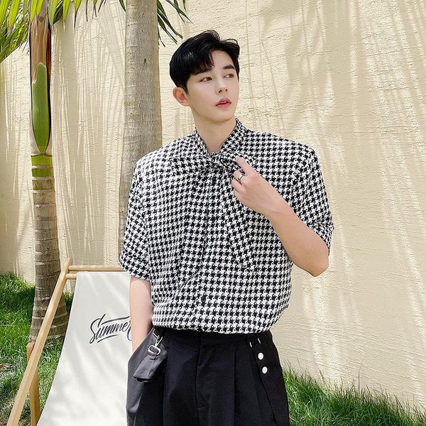 men's casual shirts design plaid short-sleeved shirt bow ribbon male korean fashion fancy for men extra long camicia uomo, White;black
men's casual shirts design plaid short-sleeved shirt bow ribbon male korean fashion fancy for men extra long camicia uomo, White;black
