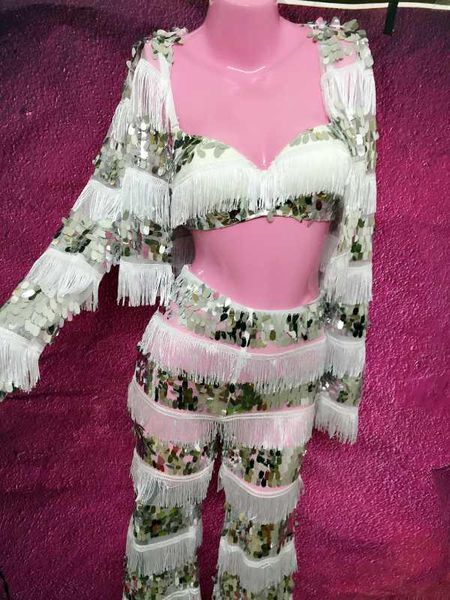women's two piece pants 2021 woemn silver sequins tassels 3 pieces set dj singer stage outfits costume party wear (bra+jacket+pants), White
women's two piece pants 2021 woemn silver sequins tassels 3 pieces set dj singer stage outfits costume party wear (bra+jacket+pants), White