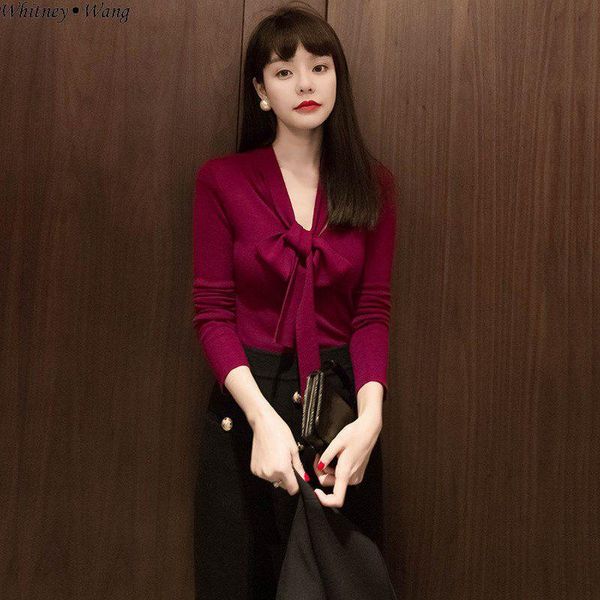 women's sweaters whitney wang 2021 autumn fashion streetwear korea style solid color bow ribbons wool sweater women jumper sueter mujer, White;black
women's sweaters whitney wang 2021 autumn fashion streetwear korea style solid color bow ribbons wool sweater women jumper sueter mujer, White;black