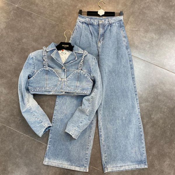 women's two piece pants deat 2021 autumn women fashion lapel long sleeve denim short jacket with suspender wide leg high waist jeans se, White
women's two piece pants deat 2021 autumn women fashion lapel long sleeve denim short jacket with suspender wide leg high waist jeans se, White