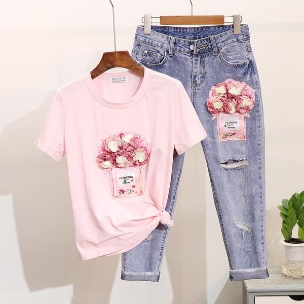 women's two piece pants cowboy suit female summer 2021 sequined perfume bottle flower short-sleeved t-shirt + ripped ankle-length jeans, White
women's two piece pants cowboy suit female summer 2021 sequined perfume bottle flower short-sleeved t-shirt + ripped ankle-length jeans, White