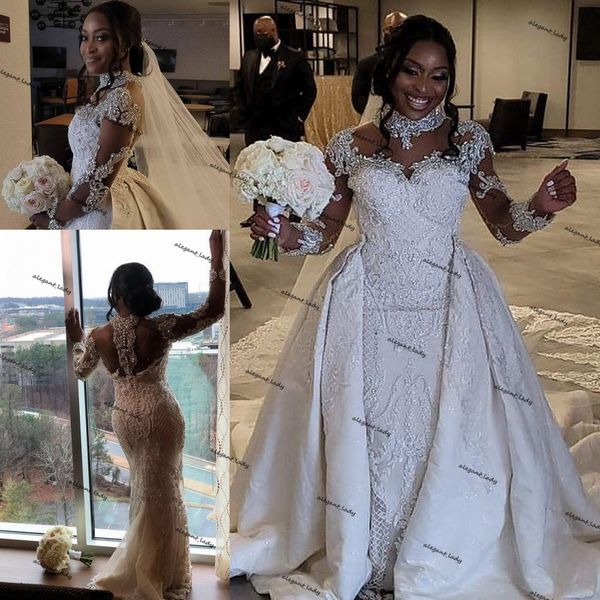 high neck african nigerian wedding dresses with detachable train sparkly crystal lace beaded long sleeve aso ebi bridal dress, White
high neck african nigerian wedding dresses with detachable train sparkly crystal lace beaded long sleeve aso ebi bridal dress, White