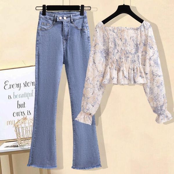 women's two piece pants 2021 women spring sets female korea square collar printed shirts ladies high waist flare jeans two-piece suits, White
women's two piece pants 2021 women spring sets female korea square collar printed shirts ladies high waist flare jeans two-piece suits, White