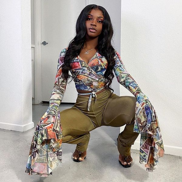 women shirts crop lace-up dollars print pattern v-neck long flared sleeves shirts blouses clubwear new, White
women shirts crop lace-up dollars print pattern v-neck long flared sleeves shirts blouses clubwear new, White