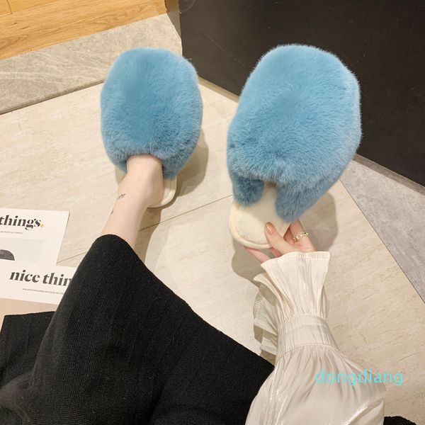 

2021 fashion plush slippers indoor fall winter womens indoor furry shoes round toe scuffs fur slippers, Black