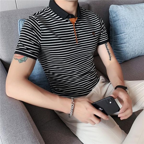 korean summer short sleeve men polo striped shirts slim fit simple embroidery casual homme turn down collar tees, White;black
korean summer short sleeve men polo striped shirts slim fit simple embroidery casual homme turn down collar tees, White;black