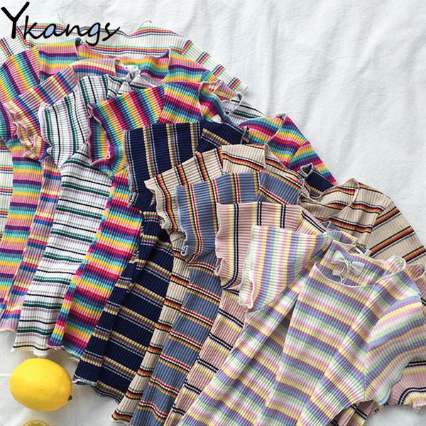 2021 women raiow o-neck knitting strips t-shirt cotton tight flounce hem summer female slim short sleeve tees 7nqc, White
2021 women raiow o-neck knitting strips t-shirt cotton tight flounce hem summer female slim short sleeve tees 7nqc, White