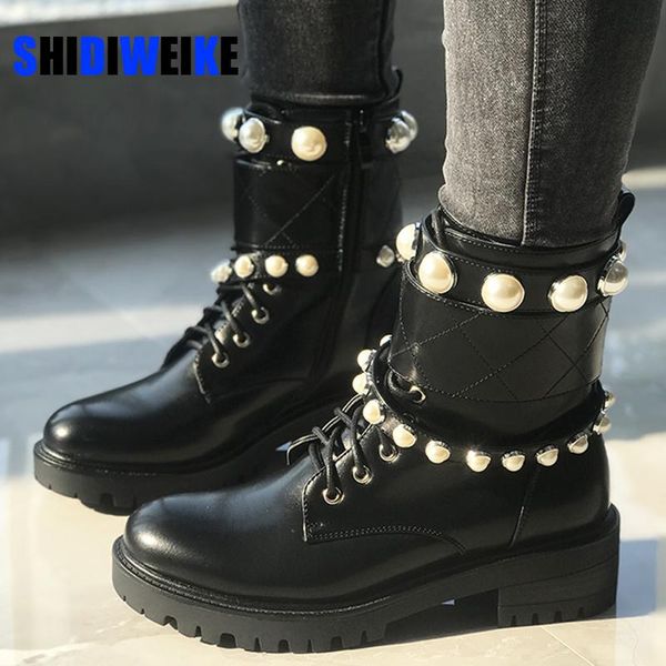 boots 2021 brand fashion dropship flat chains pearls winter shoes women ankle cool motorcycles ac087, Black
