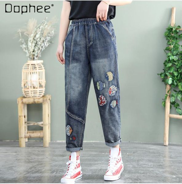 women's jeans 2021 spring and autumn retro fish embroidered loose high waist cropped pants plus size denim harem fashion, Blue
women's jeans 2021 spring and autumn retro fish embroidered loose high waist cropped pants plus size denim harem fashion, Blue