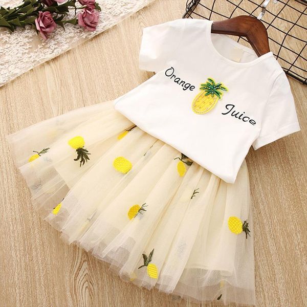 summer girls clothing sets cute korean t shirt spell yarn pineapple embroidery skirt 2pcs princess kids children clothes, White 
summer girls clothing sets cute korean t shirt spell yarn pineapple embroidery skirt 2pcs princess kids children clothes, White