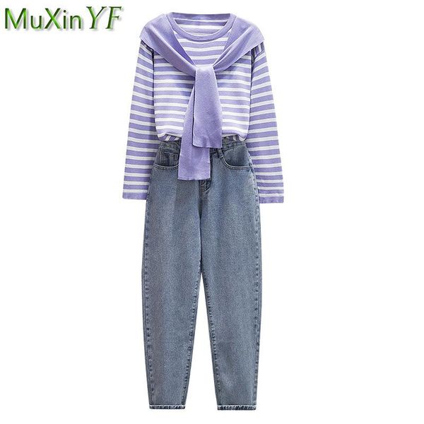 women's two piece pants casual fashion pieces set 2021 autumn o-neck full sleeve stripe denim suit lady leisure loose jeans, White
women's two piece pants casual fashion pieces set 2021 autumn o-neck full sleeve stripe denim suit lady leisure loose jeans, White