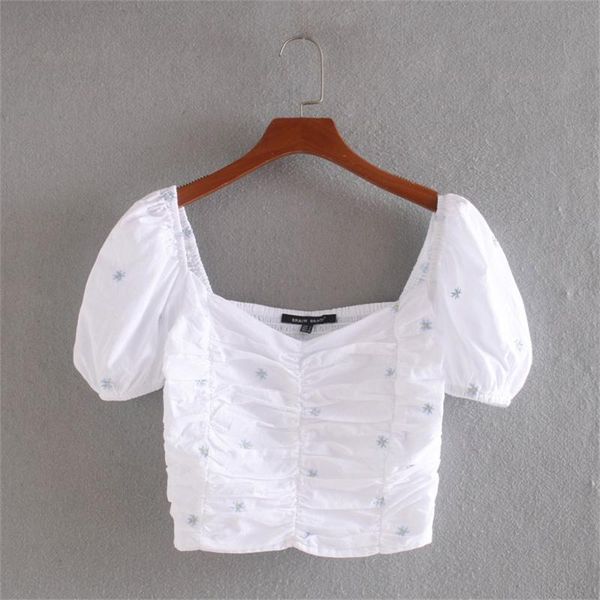 women's blouses & shirts 2021 summer french square collar exposed clavicle bubble short sleeve embroidery small flower pleated shirt, White
women's blouses & shirts 2021 summer french square collar exposed clavicle bubble short sleeve embroidery small flower pleated shirt, White