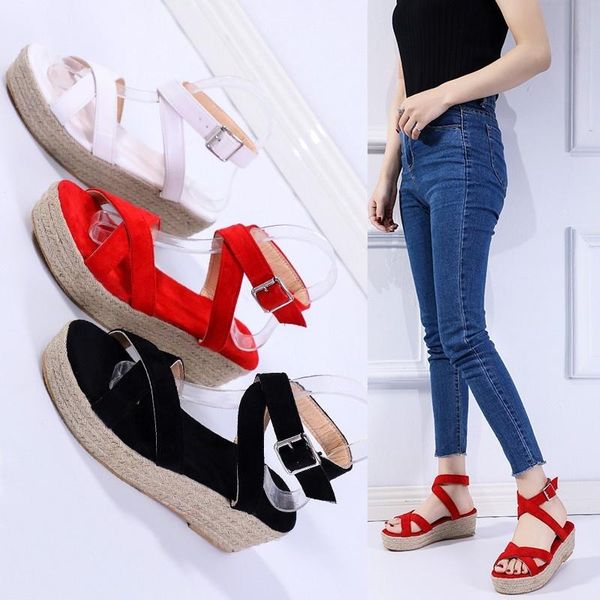 sandals summer thick bottom cross buckle large size women's shoes sandalias hombre platform wedge heel fish mouth plus 43, Black 
sandals summer thick bottom cross buckle large size women's shoes sandalias hombre platform wedge heel fish mouth plus 43, Black