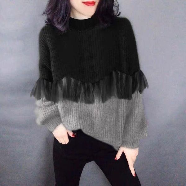 women's sweaters fashion round neck with stitching fake two-piece knitted sweater 2021 autumn and winter women long-sleeved top, White;black
women's sweaters fashion round neck with stitching fake two-piece knitted sweater 2021 autumn and winter women long-sleeved top, White;black