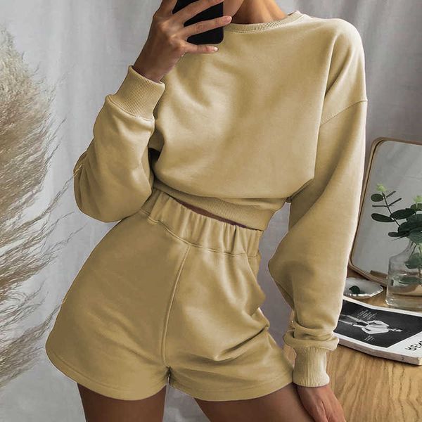 women 2 piece set long sleeve o-neck high-waisted straight shorts solid-color casual tracksuits female 210607, White
women 2 piece set long sleeve o-neck high-waisted straight shorts solid-color casual tracksuits female 210607, White