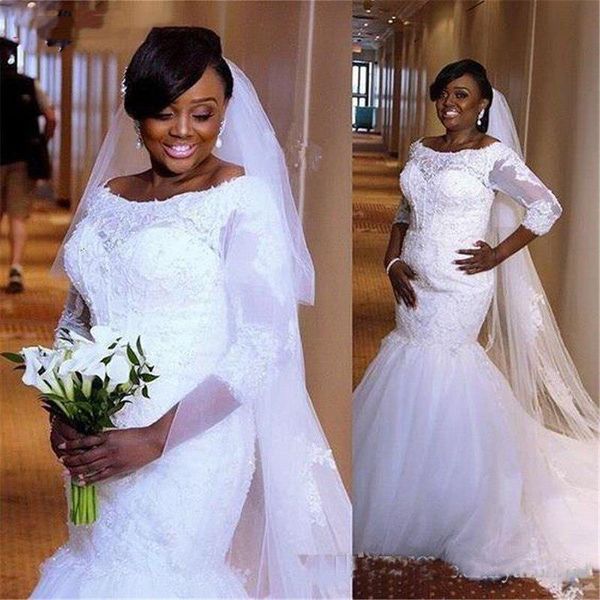 2021 plus size mermaid wedding dresses with 3/4 long sleeves lace applique scoop neck sweep train african garden wedding gown vestidos, White
2021 plus size mermaid wedding dresses with 3/4 long sleeves lace applique scoop neck sweep train african garden wedding gown vestidos, White