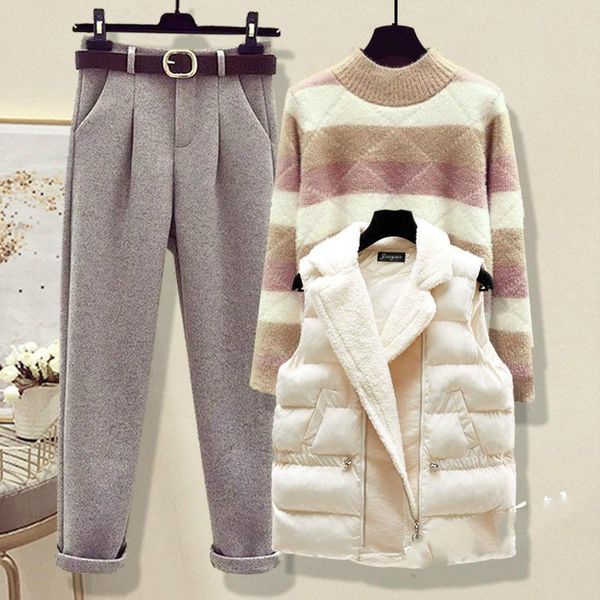 women's two piece pants women 2021 autumn winter three-piece sets female thick warm vest and patchwork sweater ladies woolen trousers, White
women's two piece pants women 2021 autumn winter three-piece sets female thick warm vest and patchwork sweater ladies woolen trousers, White