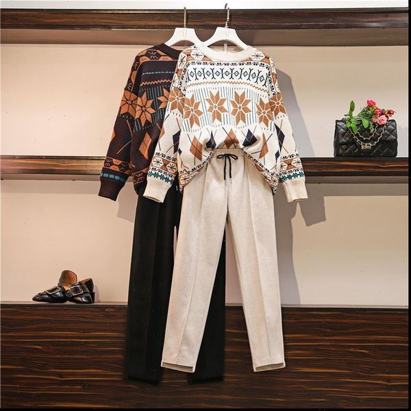 2021 fall winter retro geometric jacquard oversize sweater woolen pants knitted two piece set loose pullovers trousers suit, Gray 
2021 fall winter retro geometric jacquard oversize sweater woolen pants knitted two piece set loose pullovers trousers suit, Gray