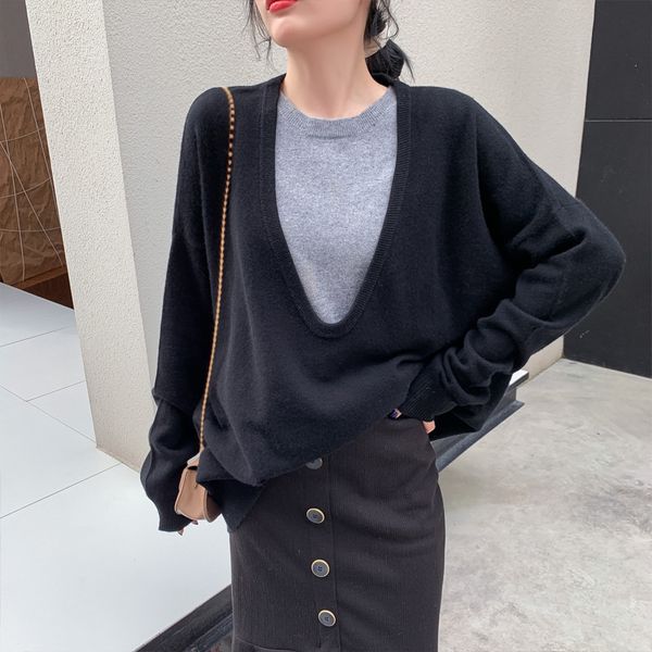 2021 new women fall/winter woolen pullover loose inside knit cashmere two-piece u-neck sweater 9q3t, White;black
2021 new women fall/winter woolen pullover loose inside knit cashmere two-piece u-neck sweater 9q3t, White;black