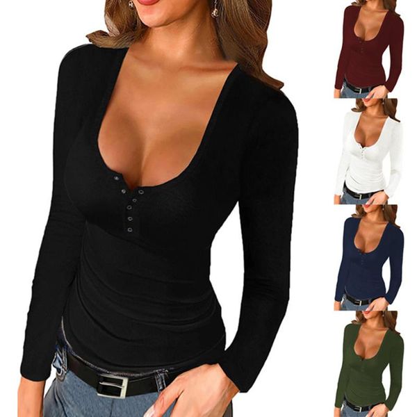 women's t-shirt women deep v neck slim solid t-shirts long sleeve female fashion casual button autumn spring basic tee 5 color, White
women's t-shirt women deep v neck slim solid t-shirts long sleeve female fashion casual button autumn spring basic tee 5 color, White