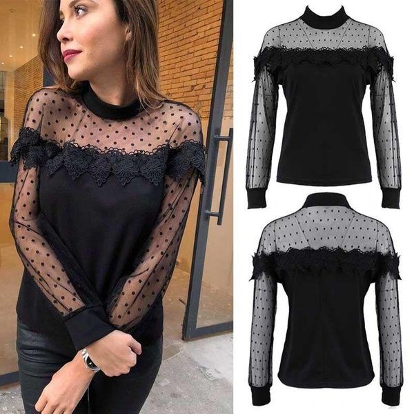 women long sleeve lace mesh stretchy polka dot shirt casual patchwork loose blouse, White
women long sleeve lace mesh stretchy polka dot shirt casual patchwork loose blouse, White