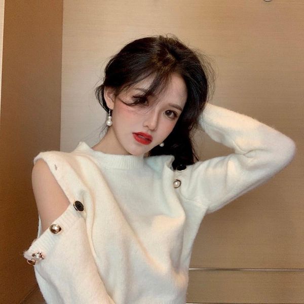 women's sweaters white long sleeve off shoulder button pullover knitted women clothing autumn winter korean fashion o-neck hipster, White;black
women's sweaters white long sleeve off shoulder button pullover knitted women clothing autumn winter korean fashion o-neck hipster, White;black