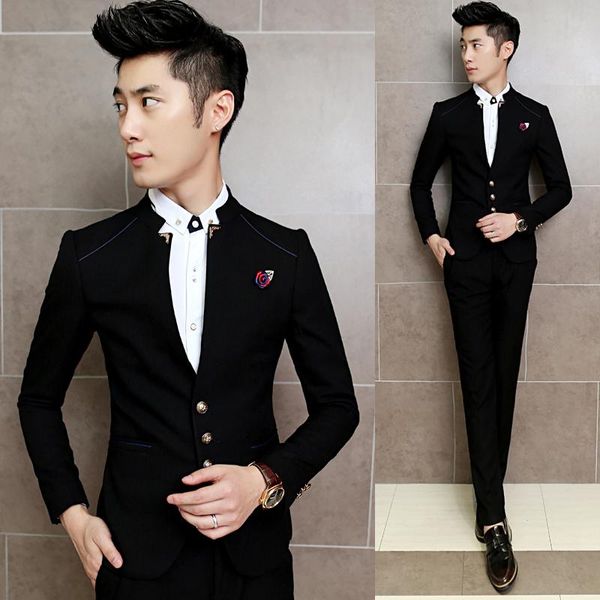 men's suits & blazers slim fit stand collar dress formal wedding jacket pants 2pcs coat trousers men suit d014, White;black
men's suits & blazers slim fit stand collar dress formal wedding jacket pants 2pcs coat trousers men suit d014, White;black
