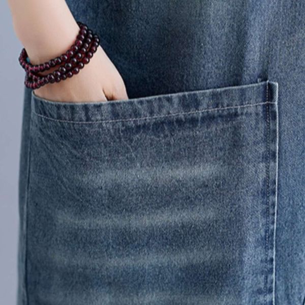 hip hop and fashion large new size literature women's art summer loose casual hole stitching v-neck denim long dress k, Blue 
hip hop and fashion large new size literature women's art summer loose casual hole stitching v-neck denim long dress k, Blue