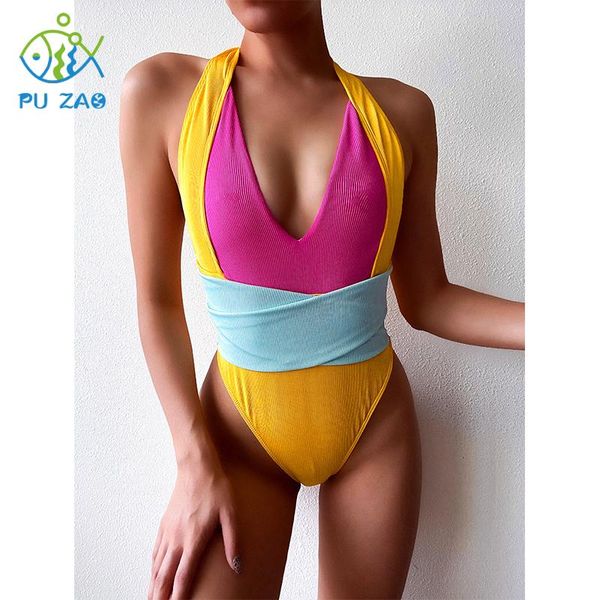 new one-piece swimsuit stitching color bikini strap swimwear high waist open back knotted deep v beach push-up bikini 2021
new one-piece swimsuit stitching color bikini strap swimwear high waist open back knotted deep v beach push-up bikini 2021