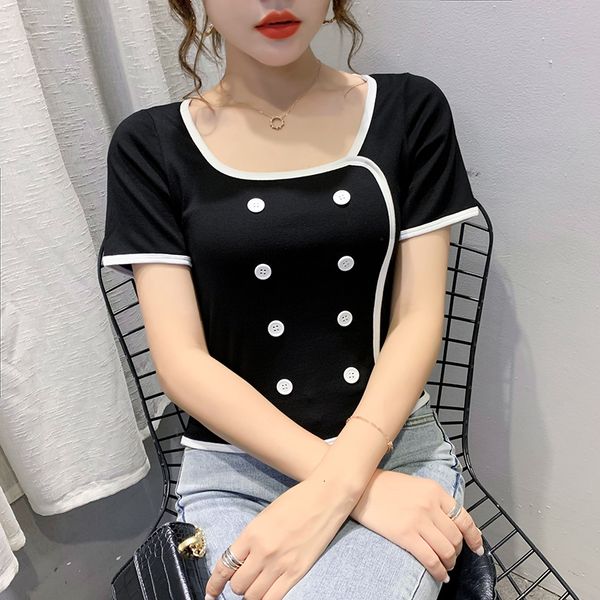 2021 summer korean clothes fashion color block t-shirt women ropa mujer cotton bottoming shirt button tees new t07411 zz9a, White
2021 summer korean clothes fashion color block t-shirt women ropa mujer cotton bottoming shirt button tees new t07411 zz9a, White