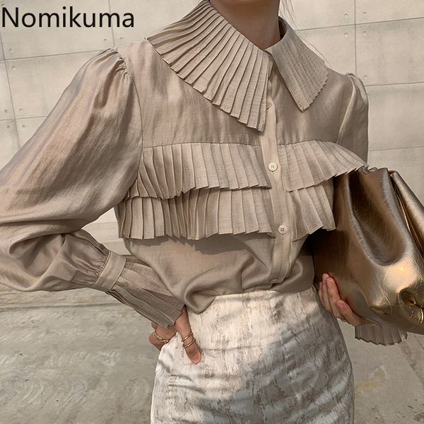 nomikuma elegant korean style shirts solid color blusa single breasted long sleeve pleated design turn down collar blouse 210303, White 
nomikuma elegant korean style shirts solid color blusa single breasted long sleeve pleated design turn down collar blouse 210303, White