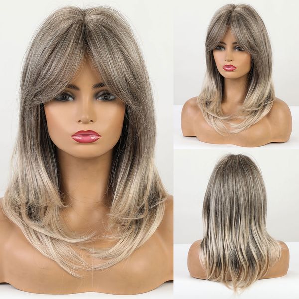 ombre grey highlight blonde medium wavy synthetic wig hair natural cosplay layered wigs with side bangs for women heat resistantfactory dire, Black
ombre grey highlight blonde medium wavy synthetic wig hair natural cosplay layered wigs with side bangs for women heat resistantfactory dire, Black