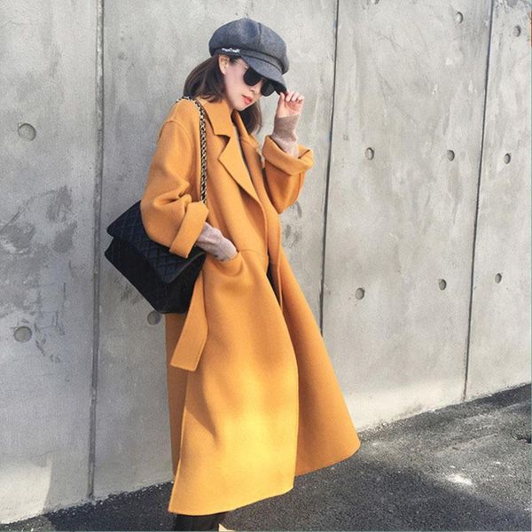 women's wool & blends split hem woolen overcoat with waistbelt elegant cardigan women winter yellow long coat jacket turn-down collar, Black
women's wool & blends split hem woolen overcoat with waistbelt elegant cardigan women winter yellow long coat jacket turn-down collar, Black