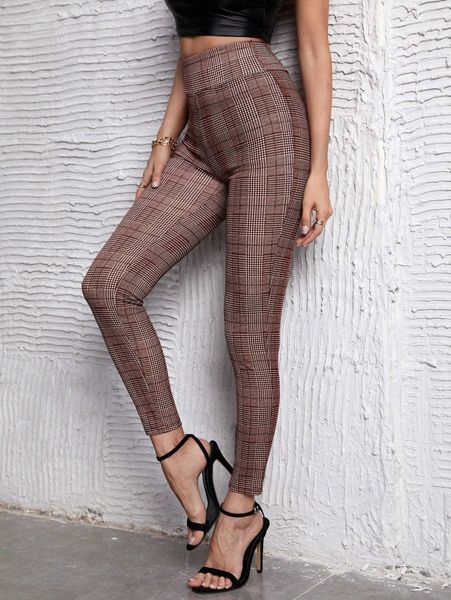 high waist houndstooth skinny pants 57pp#, Black;white