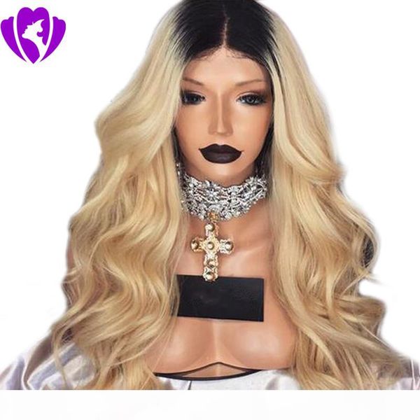 two tones middle part drak roots ombre blonde natural long body wave high tempersture fiber synthetic hair lace front wig for women, Black
two tones middle part drak roots ombre blonde natural long body wave high tempersture fiber synthetic hair lace front wig for women, Black