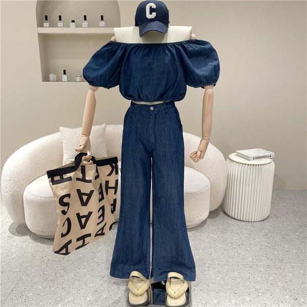 women's two piece pants niche design clothing 2021 summer puff sleeve backless short denim + high waist wide leg set, White
women's two piece pants niche design clothing 2021 summer puff sleeve backless short denim + high waist wide leg set, White