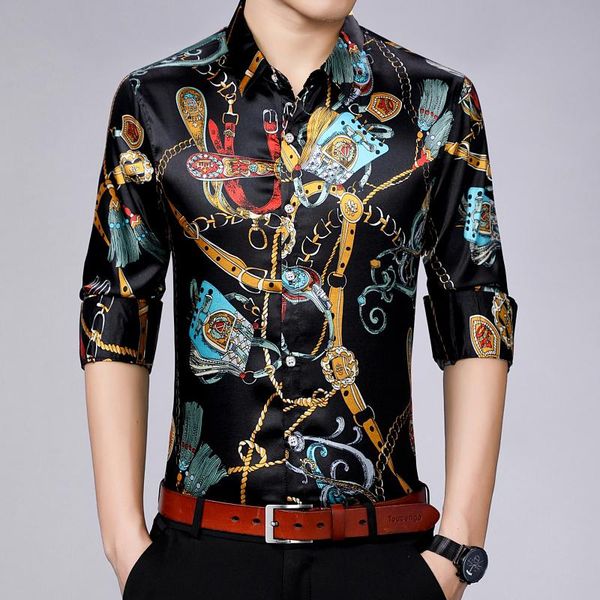 men's casual shirts chain printed silk mens fashion dress satin are unusual party club clothes for royal vintage blouses, White;black
men's casual shirts chain printed silk mens fashion dress satin are unusual party club clothes for royal vintage blouses, White;black