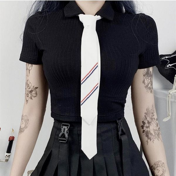 women's t-shirt rib knit short sleeve buttons lapel solid color slim wild casual fashion summer girls crop with neck tie, White
women's t-shirt rib knit short sleeve buttons lapel solid color slim wild casual fashion summer girls crop with neck tie, White