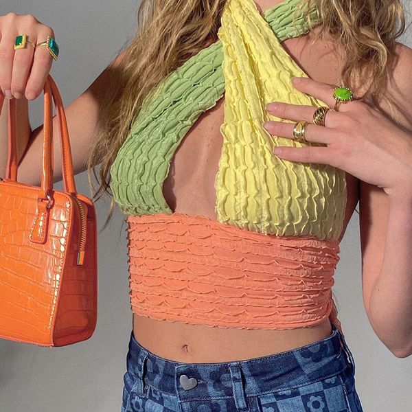 hollow out hit color backless skinny halter tank women patchwork bandage slim fashion sleeveless crop top, White
hollow out hit color backless skinny halter tank women patchwork bandage slim fashion sleeveless crop top, White