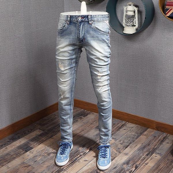 men's jeans italian style fashion men retro light blue elastic slim fit ripped patchwork designer vintage cotton denim pants
men's jeans italian style fashion men retro light blue elastic slim fit ripped patchwork designer vintage cotton denim pants