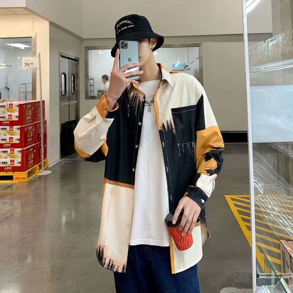 color matching printed shirt men's oversize loose casual youth ruffian handsome versatile trend, White;black
color matching printed shirt men's oversize loose casual youth ruffian handsome versatile trend, White;black