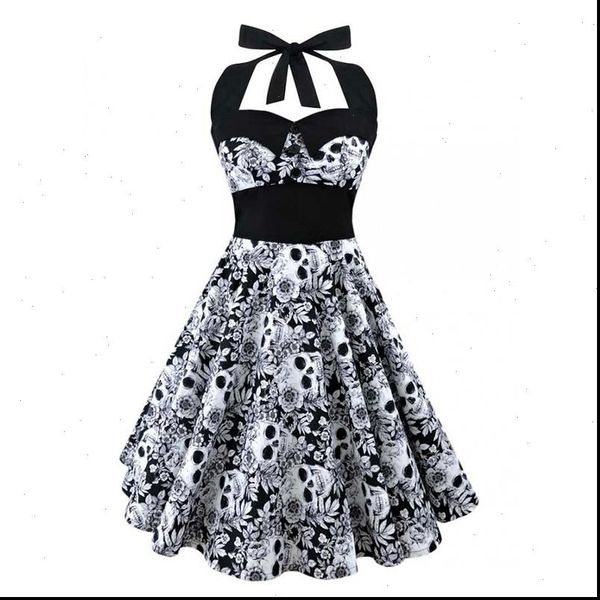 5xl large size skull printed dress women punk strapless halter party dresses bowknot self gothic dress clothing swing 1950s, Black;gray 
5xl large size skull printed dress women punk strapless halter party dresses bowknot self gothic dress clothing swing 1950s, Black;gray